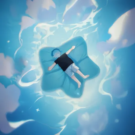 there is a cartoon character floating in a pool on a pillow, floating in water, floating in the ocean, floating on the ocean, floating away, floating among stars, floating alone, floating drowned, floating in air, floating in the air, floating under water,...