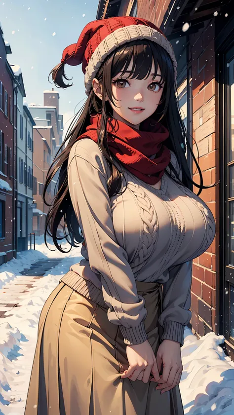 (masterpiece:1.4)、(highest quality:1.4)、ultra high resolution、anime style、20 year old woman、black long hair、blunt bangs、brown eyes、knit hat、Scarf、Beige sweater、long skirt、(huge breasts:1.2)、red face、smile、it&#39;s snowing、rooftop、natural lighting、deep shad...