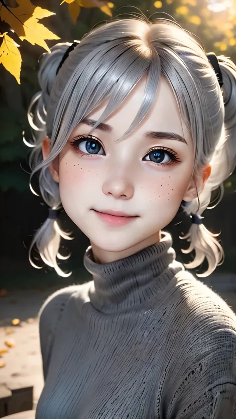 close, portrait, head shot, model shooting style, looking at the viewer,１４talent、 direct eye contact, White-sama, 1 girl, smile, (Ash gray hair), shortcut、Twintails with short hair、Knitted Black Turtleneck,small breasts,freckles, autumn park, Depth of boun...