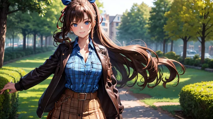 1girl, solo, village, trees, brown hair, long hair, curly hair, ponytail, blue eyes, large breasts, button down shirt, ((blue checked shirt)), ((unbuttoned shirt)), ((opened brown zipper jacket)), leather jacket, red and black skirt, smile, looking at the ...