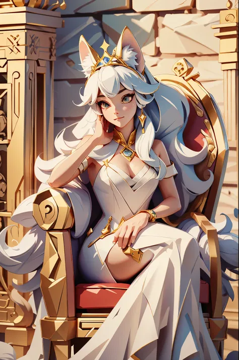 (masterpiece), (best quality), 1girl, sexy, girl with fox ears, queen, crown, sitting on a throne, ancient castle, white hair, nine-tail