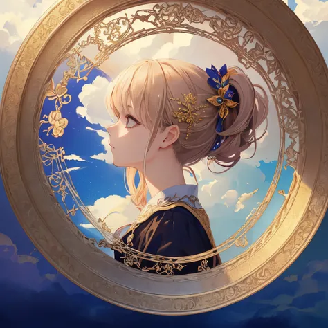 Beauty 1 person、(​masterpiece、top-quality、top-quality、Beautifully Aesthetic:1.2)、(1girl in:1.3)、(Fractal Art:1.3)、Round picture frame、Gradient Hair、profile、Shining jewelry hair ornament、stele、Clouds、シャングリラ