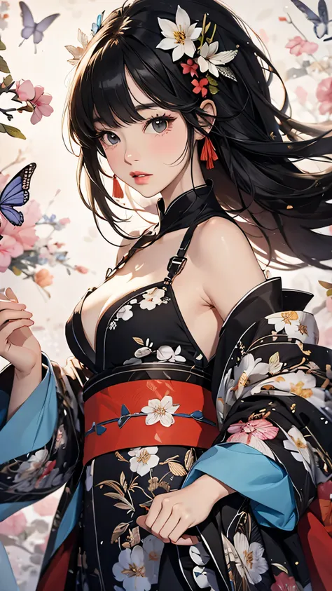 ((Highly detailed CG unit 8k wallpaper, masterpiece, High resolution, highest quality, highest qualityのリアルテクスチャスキン)), ((very beautiful woman, Nana Komatsu, Posing like a model:1.5, plump lips, Japanese pattern kimono)), (dirty black hair, white skin, small...