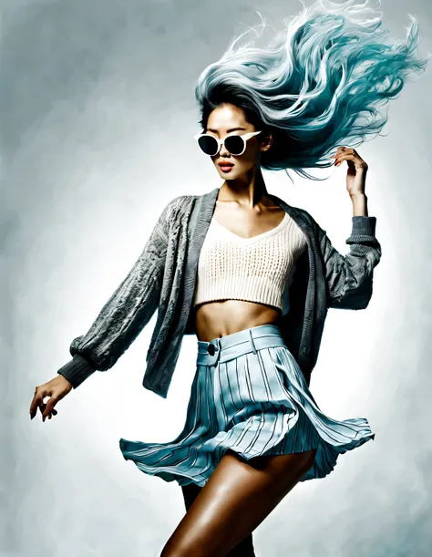 (Modern art dance simple poster design), (Half-length close-up), (Beautiful Chinese girl dancing in the air), (Wearing sunglasses and Dreamlocks hairstyle: 1.2) The pastel tones of a light blue jacket and an off-white floral sweater blend together, The bla...