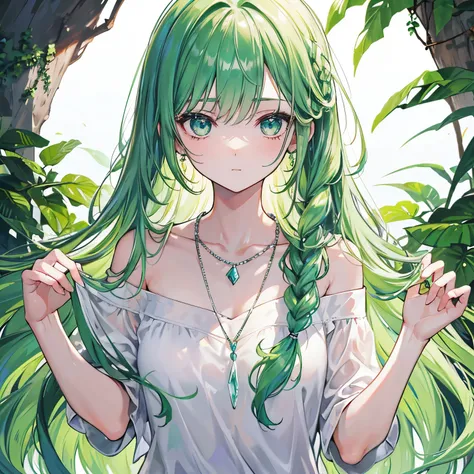 With braids，Glossy stuff, Moist and clear face，It has a nice feel，green hair，Wear a simple plain off-the-shoulder t-shirt，A crystal clear silver necklace hangs around his neck