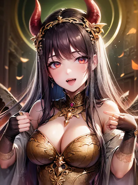 ((highest quality)),(ultra high resolution),(Super detailed),(detailed description),((best CG)),(best work of art),super precision art,great drawing art,(Fantasy art with precise details:1.5), (one female devil:1.6),beautiful and well-shaped face:1.5,evil ...