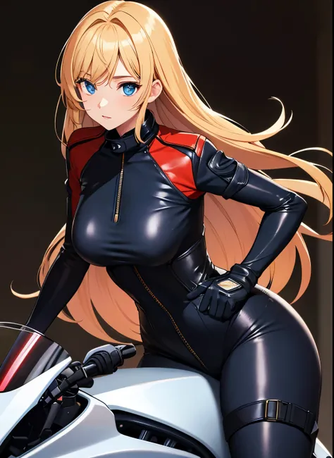 masterpiece, Best quality, young woman, in a dark, tight-fitting motorcyclist suit, wearing leather gloves, 