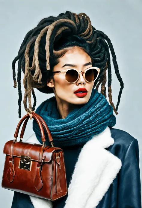 (Modern art dance simple poster design), (Half-length close-up), (Beautiful Chinese girl kissing big luxury leather bag,), (（Wearing sunglasses and braided hairstyle：1.2）),  Mainly cool colors，Presenting the beauty of simplicity and modernity, (Dark blue c...