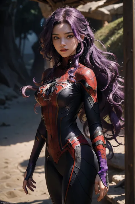 (Extreme Detail CG Unity 8K wallpaper, masterpiece, highest quality), (Exquisite lighting and shadow, highly dramatic picture, Cinematic lens effect), a beautiful girl in a purple Spider-Man costume, purple curly hair color, long hair, braiding hair, red e...