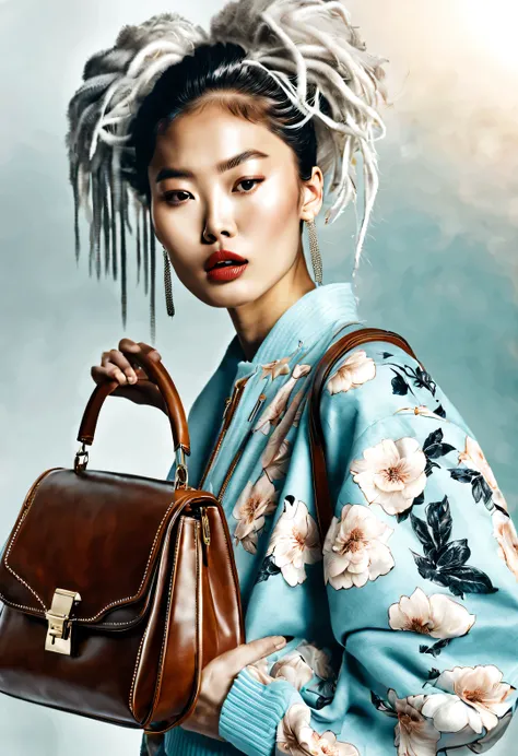 (Modern art dance simple poster design), (Half-length close-up), (Beautiful Asian Chinese girl kissing big luxury leather bag,), (（Wearing sunglasses and braided hairstyle：1.2）), that girl&#39;Skin is very fair and smooth，Characterized by exquisite details...