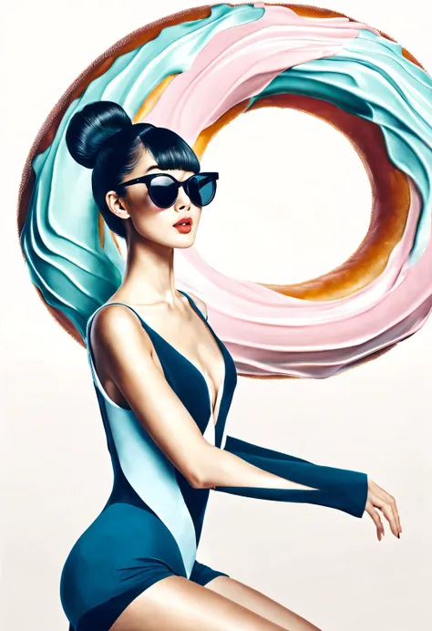 (Modern art dance simple poster design), (Half-length close-up), (Beautiful Chinese girl dancing in the air), (Wear sunglasses and donut bun hairstyle: 1.2), (Soft pink contrasts with deep navy blue), Showing the warmth and depth of winter, Both fashionabl...