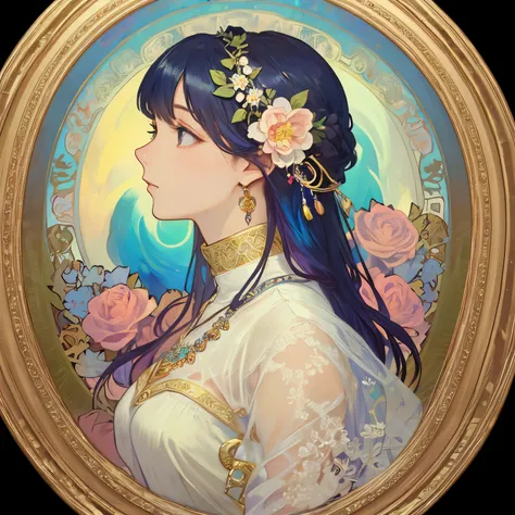 Beauty 1 person、(masterpiece、highest quality、highest quality、beautiful and aesthetic:1.2)、(fractal art:1.3)、round picture frame、rainbow colored hair、Shining jewelry hair ornament、flowers in full bloom、detailed jewelry、dynamic、Based on the concept of an ele...