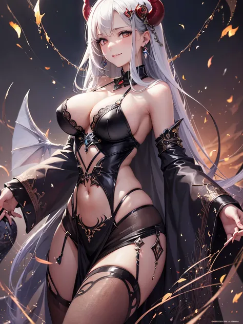 ((highest quality)),(ultra high resolution),(Super detailed),(detailed description),((best CG)),(best work of art),super precision art,great drawing art,(Fantasy art with precise details:1.5), (one female devil:1.6),beautiful and well-shaped face:1.5,evil ...