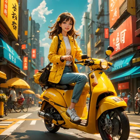 (panoramic:1.5), A realistic, photographic-style illustration in a flat, 2D format, showing a cheerful delivery girl riding a yellow motorcycle. She is depicted as a cute, optimistic girl with a happy smile, enduring the hard work of daily deliveries witho...