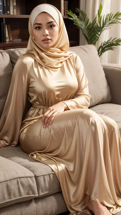 RAW, Best quality, high resolution, masterpiece: 1.3),  beautiful Malay woman in hijab :0.8), beautifull face, perfect fit body, big eyes, glossy lips,(big breast),thick thighs, woman in a beige dress sitting on a couch in a living room, soft silk dress, b...