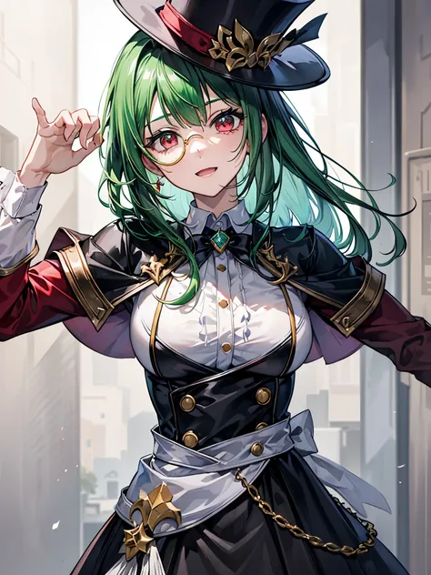 （（（masterpiece、Highest image quality、highest quality、highly detailed unity 8ｋwallpaper）））、（（Illustration of one girl））、（（（beautiful girl）））、（Emerald green hair、sidelocks：1.2、red eyes）、monocle、（（（crazy smile）））、（（（Black top hat、tuxedo）））、grand library