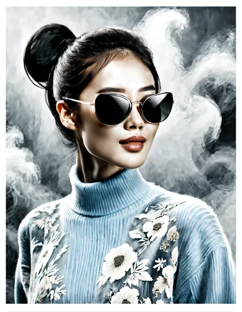 (Modern art dance simple poster design), (Half-length close-up), (Beautiful Chinese girl smiles), (wearing sunglasses: 1.37), (high ponytail: 1.2) The pastel tones of a light blue jacket and an off-white floral sweater blend together, The black and white p...