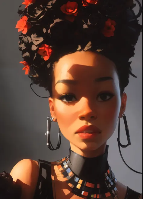 samdoesarts Charlie Bowater realistic Lithography sketch portrait of a black Congolese woman, flowers, [gears], pipes, dieselpunk, multi-colored ribbons, old paper texture, highly detailed