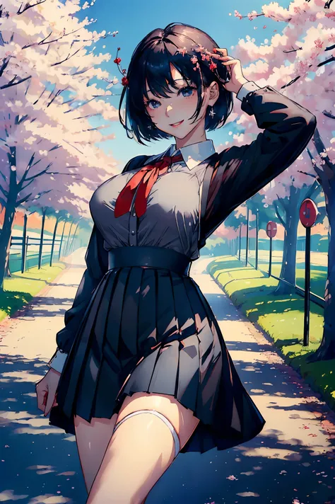 (masterpiece:1.4)、(highest quality:1.4)、ultra high resolution、beautiful features、20 year old woman、black very short hair、white collared shirt、small black ribbon、navy pleated skirt、black tights、(huge breasts:1.2)、bust up shot、red face、smile、Cherry blossom t...