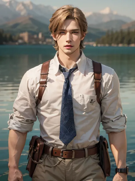 M1 series, 17 years old, tropics, light brown long hair, Sky Blue Big Eyes, lake, tropics를 위한 솔로 포커스 페이셜 트리트먼트, white shirt, amazing, laugh, realistic, Dynamic poses are realistic., Detailed and accurate facial structure, Leon S. Kennedy, amazing, very det...