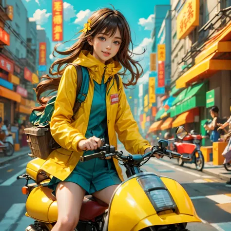 (panoramic:1.5), A realistic, photographic-style illustration in a flat, 2D format, showing a cheerful delivery girl riding a yellow motorcycle. She is depicted as a cute, optimistic girl with a happy smile, enduring the hard work of daily deliveries witho...