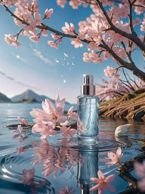 best quality, 4k, 8k, high resolution, masterpiece, ultra-detailed, photorealistic, blender, makeup bottle, cherry blossom wrapp...