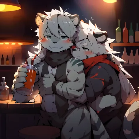 man,gray white tiger,long hair,scarf,It&#39;s hard,Bar Background,술에intoxication,Feel good,intoxication,Ninja,naked,drinking,Backhug