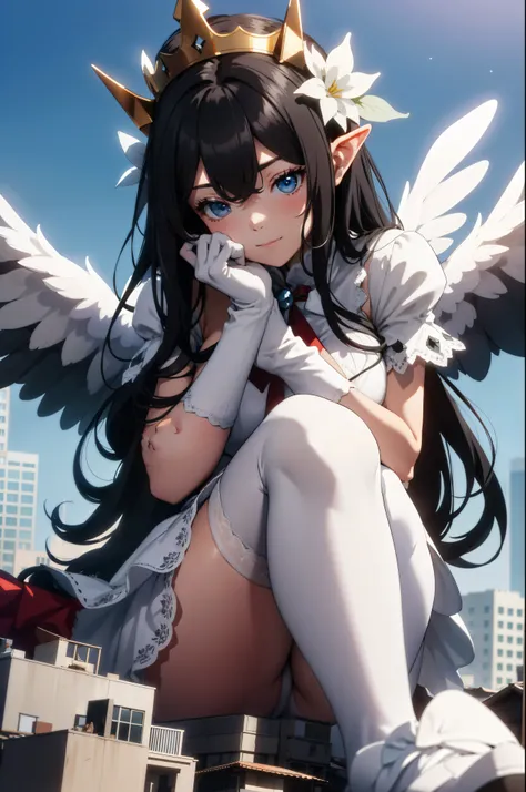 giant girl 50,000 feet high，Weight 1000kg，Have a pair of long legs，Keep your eyes open，Has a pair of huge white angel wings，With huge devil horns on his head，wear a crown on your head，Elf wearing white earrings，She has long black hair that reaches her feet...