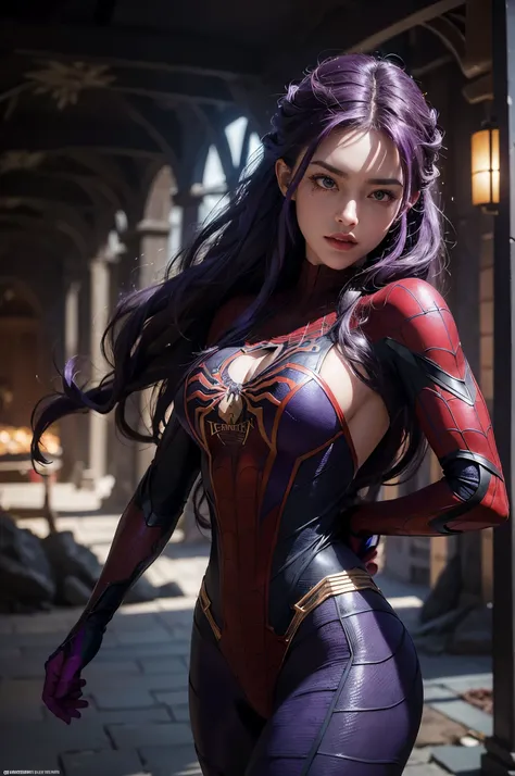 (Extreme Detail CG Unity 8K wallpaper, masterpiece, highest quality), (Exquisite lighting and shadow, highly dramatic picture, Cinematic lens effect), a beautiful girl in a purple Spider-Man costume, purple curly hair color, long hair, braiding hair, red e...