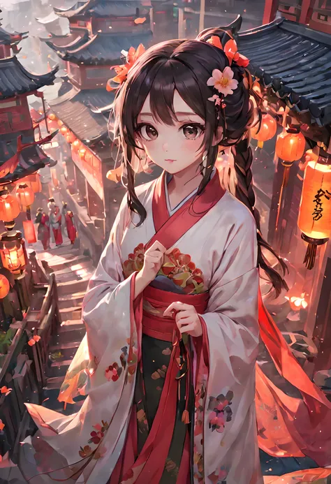 (best quality,masterpiece:1.2),(perfect face:1.5),(Bright Eyes:1.3),Animation scene of a beautiful girl wearing Hanfu walking on a busy street,(Palace and majestic tower atop the waterfall),Taoist,(Detailed Hanfu:1.3),guweiz style artwork, Anime Fantasy Il...