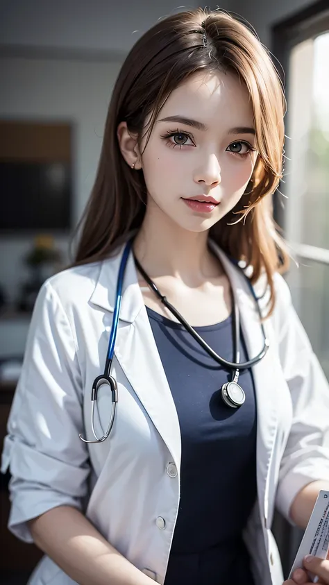 a beautiful female doctor in a professional clinic, (best quality, high resolution, super detailed), wearing a crisp white lab c...