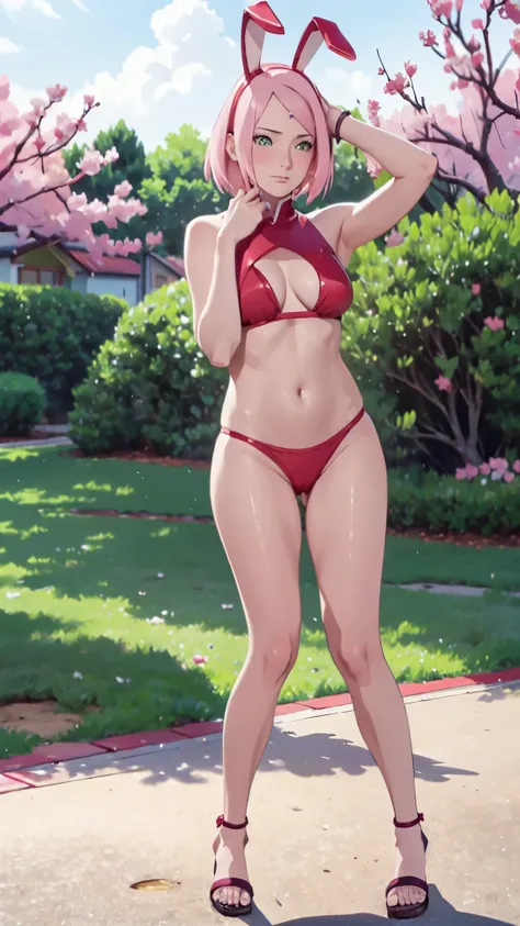 Sakura Haruno, (best quality, highres:1.2), ultra-detailed, realistic, portraits, vibrant colors, cherry trees vibes, golden hour lighting, bikini, stunning curves, soft grass, cherryblossoms flyingintheair, tropical paradise, exotic foliage, summer breeze...