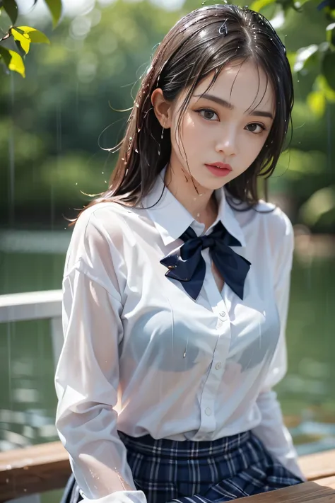 ((High school girl walking in a park by the lake))、((Wet white blazer))、((translucent white blouse、red bow tie、Dark blue checked skirt)). 40k, photograph, table top, highest quality, dark gray background, ((beautiful eyes、One girl in a wet brown pale short...