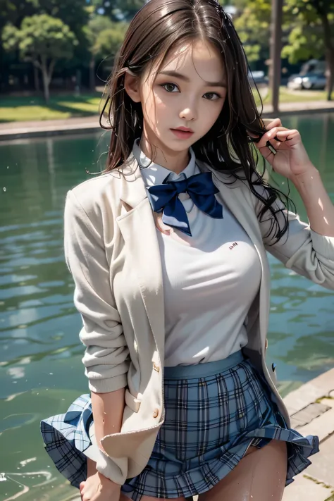 ((High school girl walking in a park by the lake))、((Wet white blazer))、((translucent white blouse、red bow tie、Dark blue checked skirt)). 40k, photograph, table top, highest quality, dark gray background, ((beautiful eyes、One girl in a wet brown pale short...