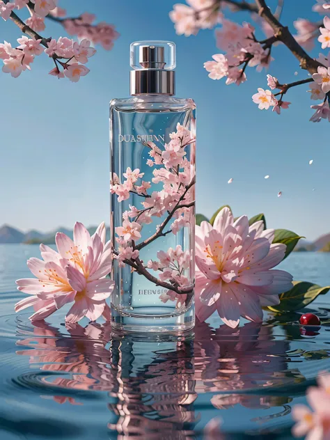 best quality, 4k, 8 thousand, high resolution, masterpiece, very detailed, realistic, mixer, makeup bottle, cherry blossoms wrap...