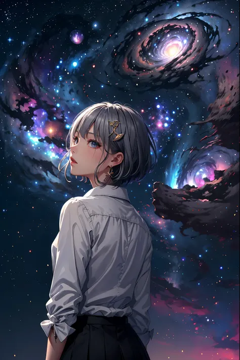 20 year old woman、(masterpiece:1.4)、(highest quality:1.4)、ultra high resolution、high detail、beautiful features、black short bob、earrings、gray hair ornament、black collared long sleeve shirt、black skirt、whole body、rooftop、(Meteors:1.3)、(nebula:1.3)、night、star...