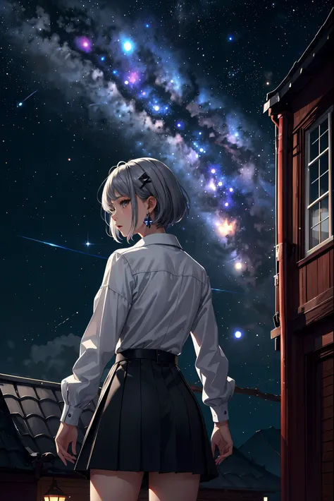 20 year old woman、(masterpiece:1.4)、(highest quality:1.4)、ultra high resolution、high detail、beautiful features、black short bob、earrings、gray hair ornament、black collared long sleeve shirt、black skirt、whole body、rooftop、(Meteors:1.3)、(nebula:1.3)、night、star...