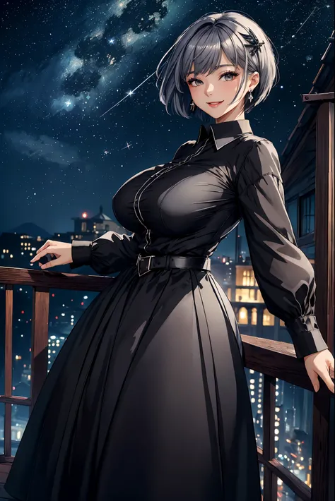 20 year old woman、(masterpiece:1.4)、(highest quality:1.4)、ultra high resolution、high detail、beautiful features、black short bob、earrings、gray hair ornament、black long sleeve collared shirt、black skirt、(huge breasts:1.2)、smile、whole body、rooftop、night、(Meteo...