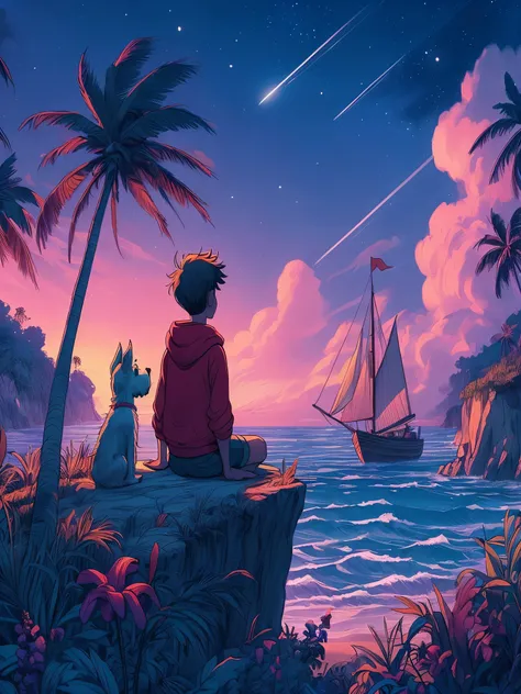 Draw an tintin style anime simple art of boy with red hoodie wih his cute dog sitting near shore looking at sky, palm trees, night, blue pink dark sky with stars, windy, high tide, clouds, beautiful sky, beautiful color palette, Masterpiece