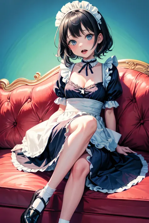 an illustration of a cartoon of an adult woman sitting on a couch, 1girl, solo, breasts, tongue, blue eyes, maid headdress, tongue out, cleavage, open mouth, looking at viewer, black hair, maid, , saliva, orange background, blush, Full body, frills, wrist ...