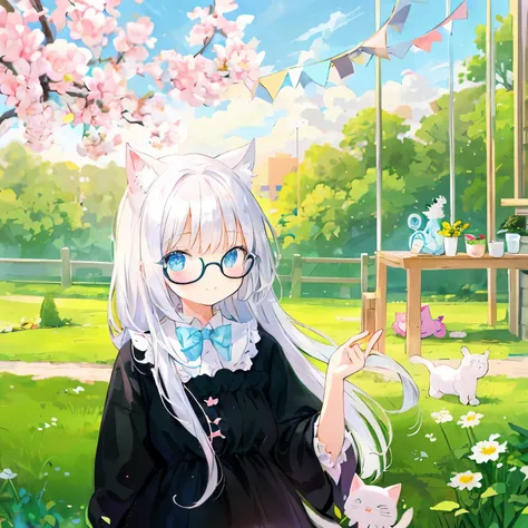 Beautiful illustration、top-quality、Cute little girls、wearing glasses, flat bangs, smiley, PastelColors、fluffy cat ears、小柄、Silver long hair、Stuffed cat、Bright lighting、bright light blue eyes