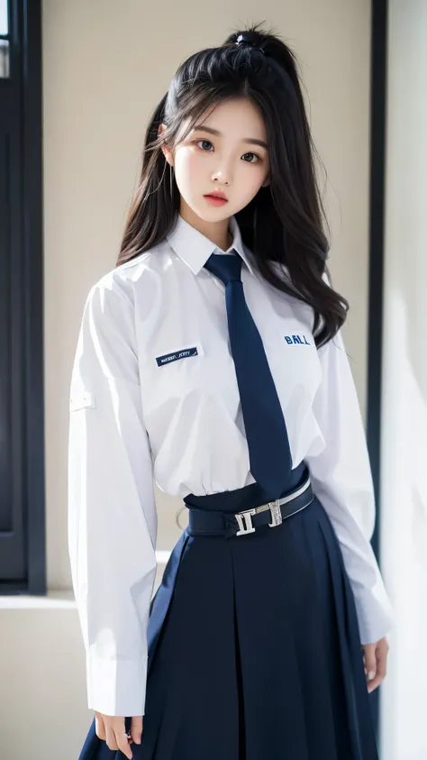 girl, convent, white shirt, long sleeves, loose necktie, navy blue long skirt, black belt,