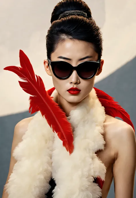 (Modern art fashion character design), (Half-length close-up), (Beautiful Chinese Girl Holding Big and Exaggerated Chicken Feather Dust: 1.3), (Wearing large sunglasses: 1.3), and (Kuntail braid hairstyle: 1.2), a harmonious combination of classic and mode...