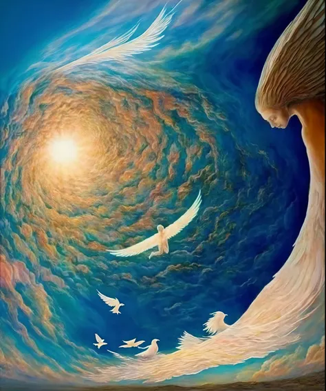 Draw a woman with wings and a dove in the sky, ethereal light angel, amazing art, Astral travel, She is about to arrive in heaven, she is approaching heaven, beautiful depiction, prophetic art, in the astral plane ) ) ), paintings full of angels, glowing a...