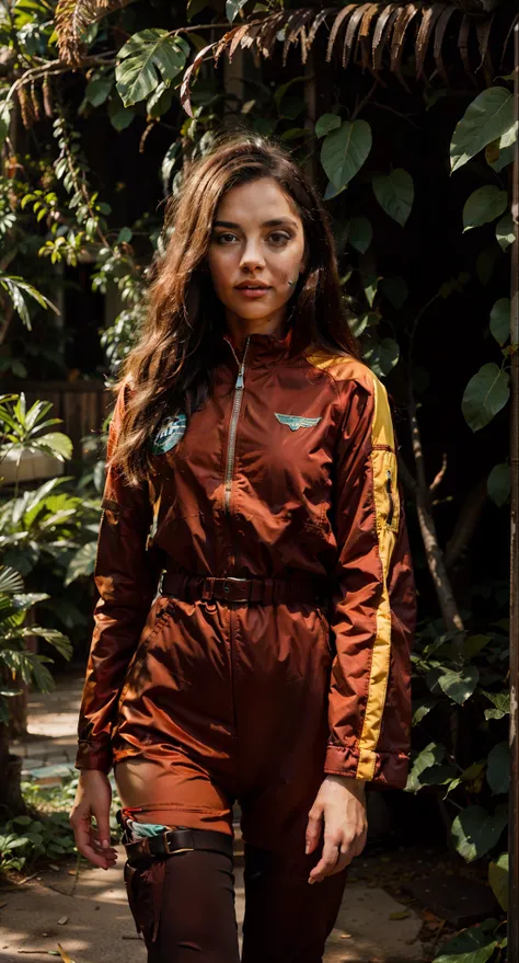 full body portrait of young woman, mid shot portrait, wearing flight suit, with teal clothes