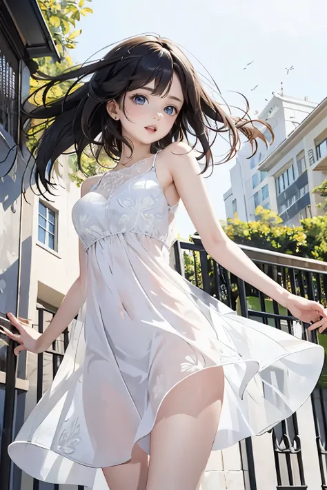 drooping eyes, realistic skin, ecstasy, ((transparent) casual dress with various pattern), open legs, outside, angle from below, various hair style, 