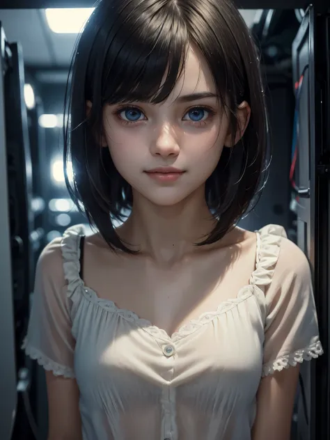 (whole body:1) A young girls, smart casual, Hackers server room, Detailed face, ((Cool expression)), (Short straight hair with thin bangs:1.2), Super detailed photos, (lifelike), (intricate details:1),(masterpiece :1), (best quality:1), ultra high resoluti...