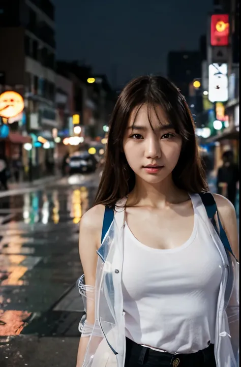 Portrait photography,korea women model,lens flare,city,clear tank top, clear raincoat ,Facing straight