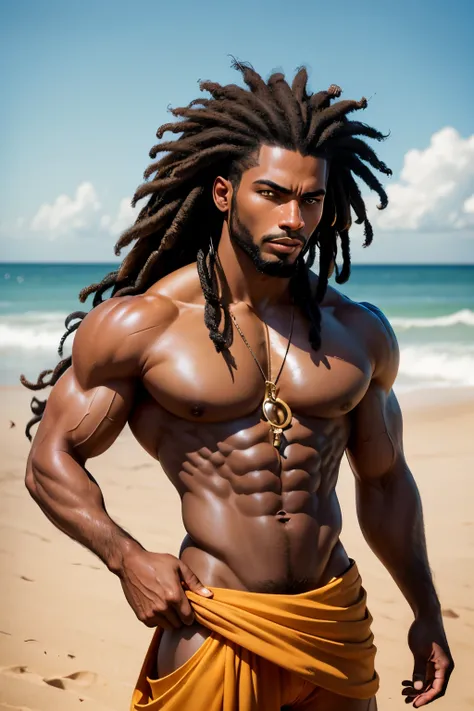 Dee Jay jamaicano usando cabelo rastafari lutador de rua (better quality,ultra-detalhado),homen negro africano extremante forte sorridente,(realistic,fotorrealista),A muscular black African man with a powerful build,Standing in a fort, postura confiante,bi...