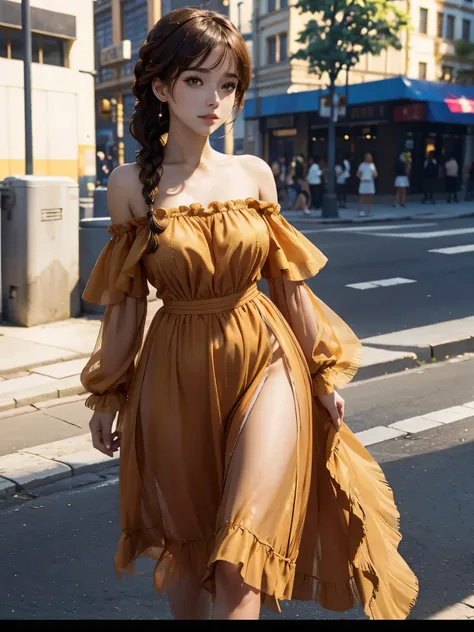 a woman posing on the street corner with orange dress on, best quality, 1 girl, Big breasts, sky, bright, blurred background, Bokeh, outdoor, (street:0.8), (people, crowd:0.8), (off the shoulder dress:1.2), Gorgeous, (braid bangs:1.2), 美丽细致的sky空, (dynamic ...